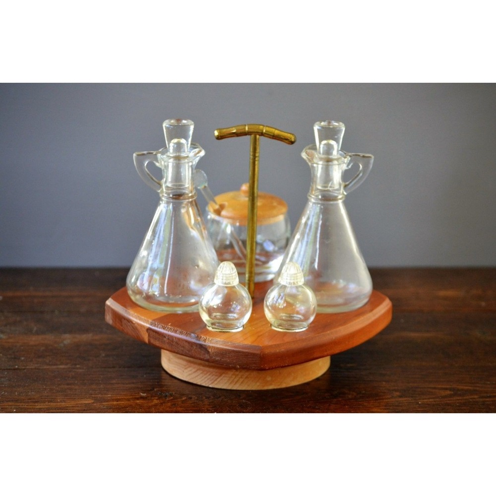 Condiment Hazel Atlas Vanity Tabletop Lazy Susan glass Cruets oil‎ salt pepper